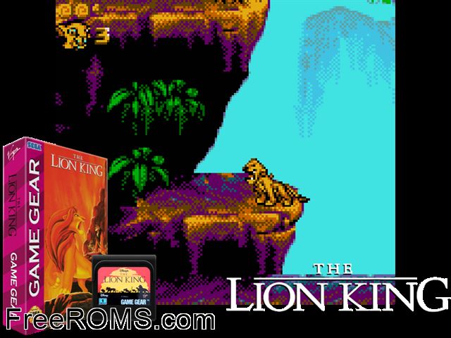 Lion King, The Game Gear game showing 3D box cover and gameplay screenshot